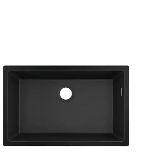Schwarze Unterbauspüle von Hansgrohe mit quadratischem Design und mittigem Ablaufloch. Oberfläche wirkt schlicht und funktional.